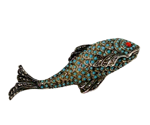 Broszka ryba z turkusami i koralem